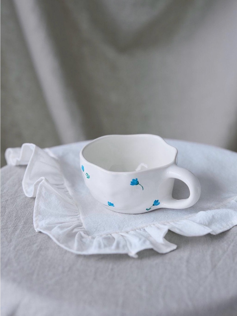 Aesthetic White Ceramic Mug with Blue Floral Motif